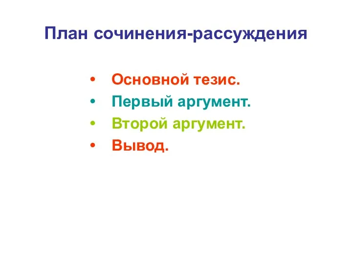 План сочинения-рассуждения Основной тезис. Первый аргумент. Второй аргумент. Вывод.