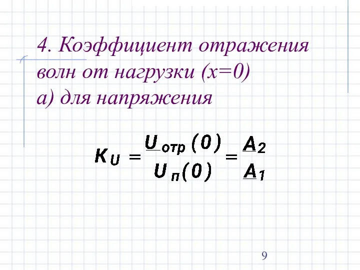 4. Коэффициент отражения волн от нагрузки (х=0) а) для напряжения