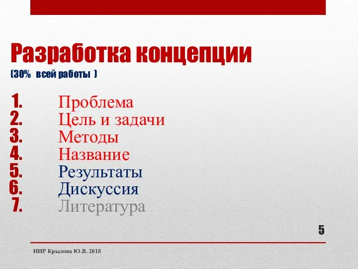 Разработка концепции (30% всей работы ) Проблема Цель и задачи