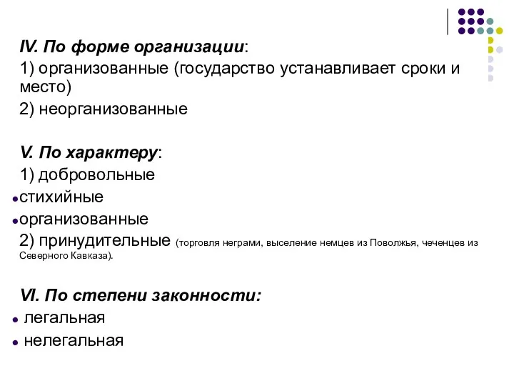 IV. По форме организации: 1) организованные (государство устанавливает сроки и