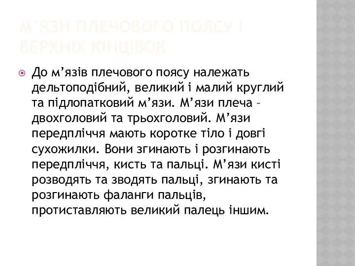 М’ЯЗИ ПЛЕЧОВОГО ПОЯСУ І ВЕРХНІХ КІНЦІВОК До м’язів плечового поясу