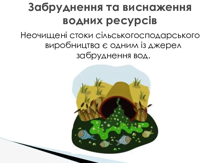 Забруднення та виснаження водних ресурсів Неочищені стоки сільськогосподарського виробництва є одним із джерел забруднення вод.