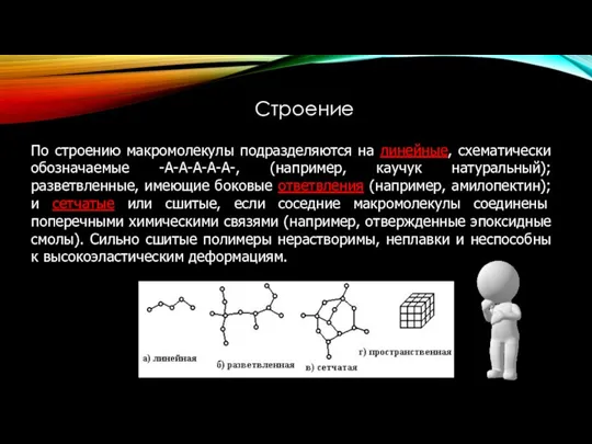 По строению макромолекулы подразделяются на линейные, схематически обозначаемые -А-А-А-А-А-, (например,