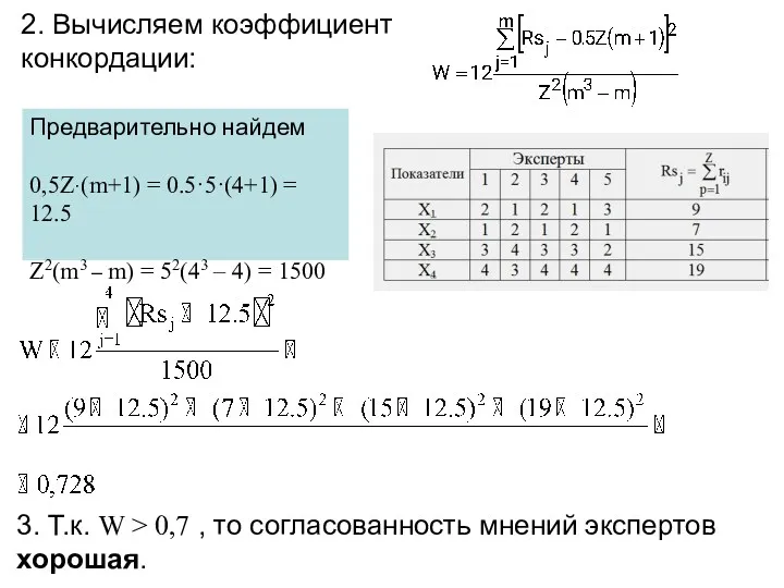 2. Вычисляем коэффициент конкордации: 3. Т.к. W > 0,7 ,