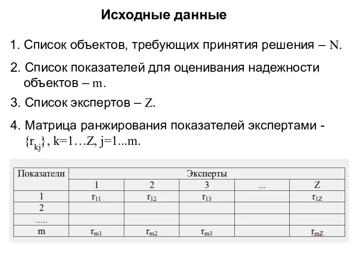 Исходные данные 1. Список объектов, требующих принятия решения – N.