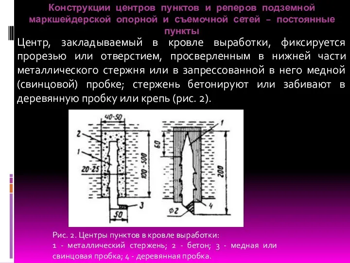 Конструкции центров пунктов и реперов подземной маркшейдерской опорной и съемочной