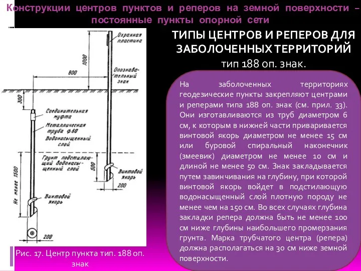 Конструкции центров пунктов и реперов на земной поверхности – постоянные