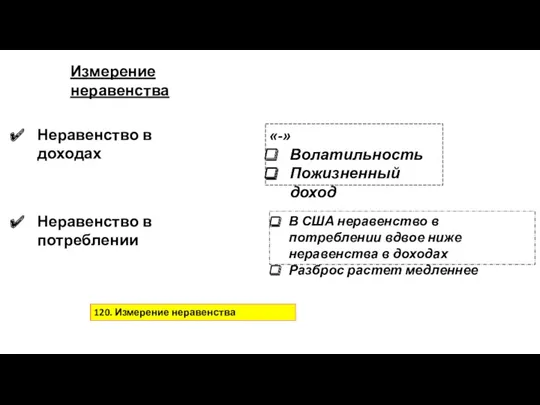 Измерение неравенства Неравенство в доходах «-» Волатильность Пожизненный доход Неравенство