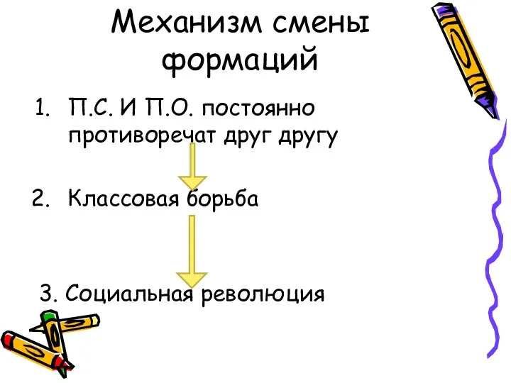 Механизм смены формаций П.С. И П.О. постоянно противоречат друг другу Классовая борьба 3. Социальная революция