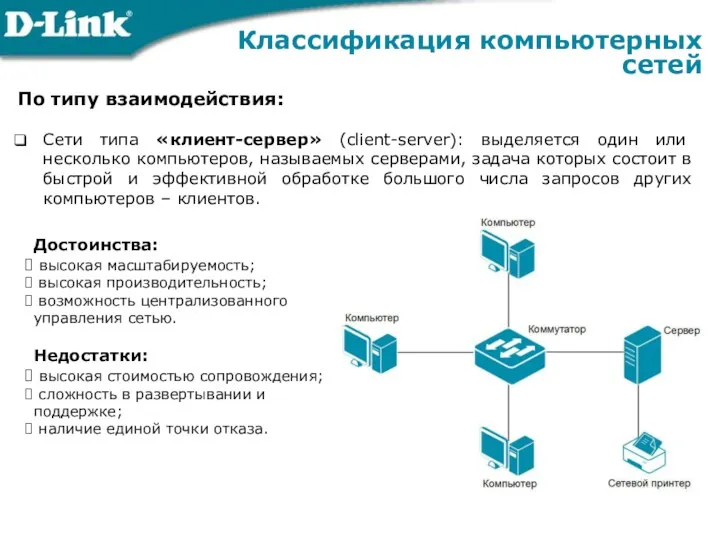 По типу взаимодействия: Классификация компьютерных сетей Сети типа «клиент-сервер» (client-server):