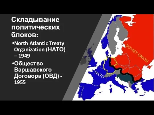 Складывание политических блоков: North Atlantic Treaty Organization (НАТО) – 1949 Общество Варшавского Договора (ОВД) - 1955
