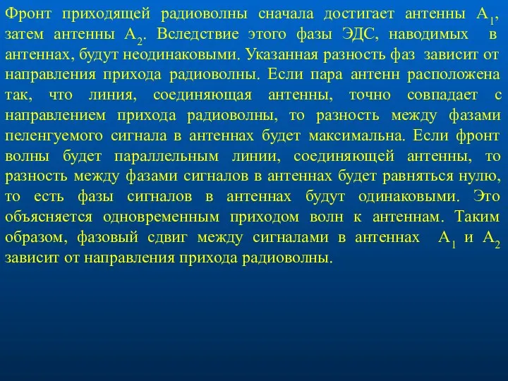 Фронт приходящей радиоволны сначала достигает антенны А1, затем антенны А2.