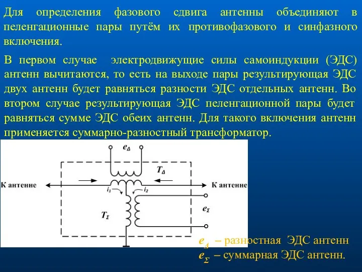 Для определения фазового сдвига антенны объединяют в пеленгационные пары путём