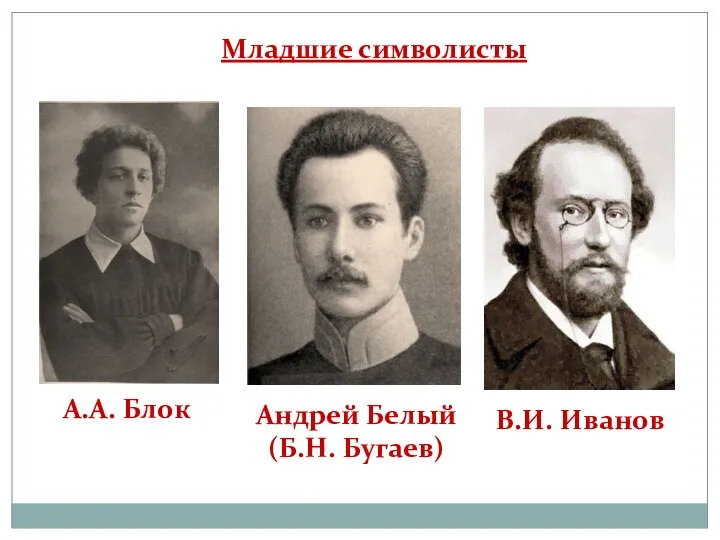 Младшие символисты А.А. Блок В.И. Иванов Андрей Белый (Б.Н. Бугаев)