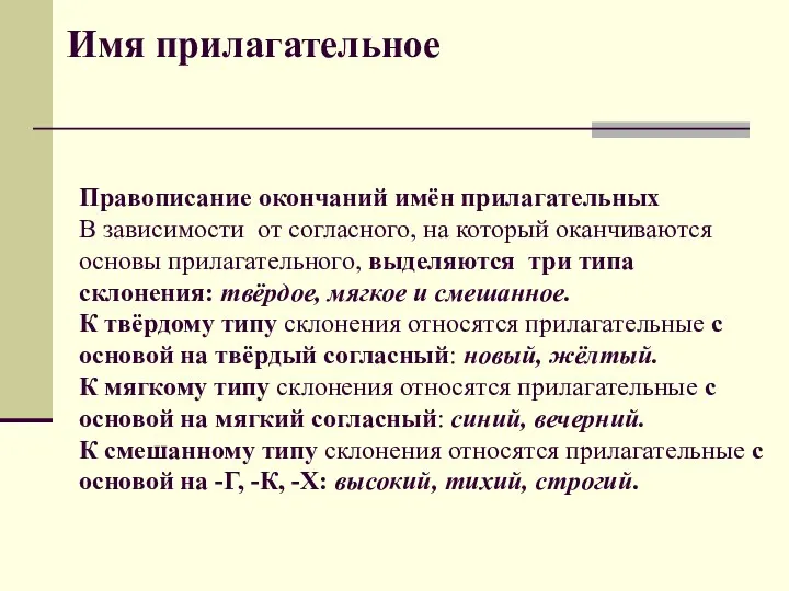 Имя прилагательное Правописание окончаний имён прилагательных В зависимости от согласного,