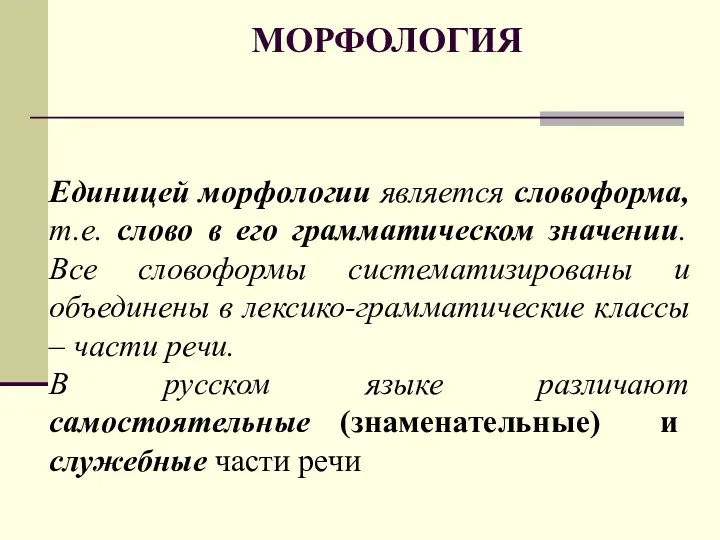 МОРФОЛОГИЯ Единицей морфологии является словоформа, т.е. слово в его грамматическом