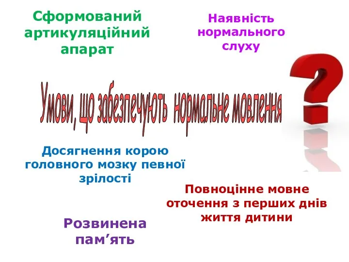 Умови, що забезпечують нормальне мовлення Сформований артикуляційний апарат Досягнення корою