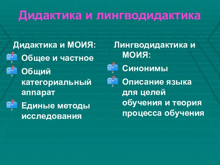 Дидактика и лингводидактика Дидактика и МОИЯ: Общее и частное Общий