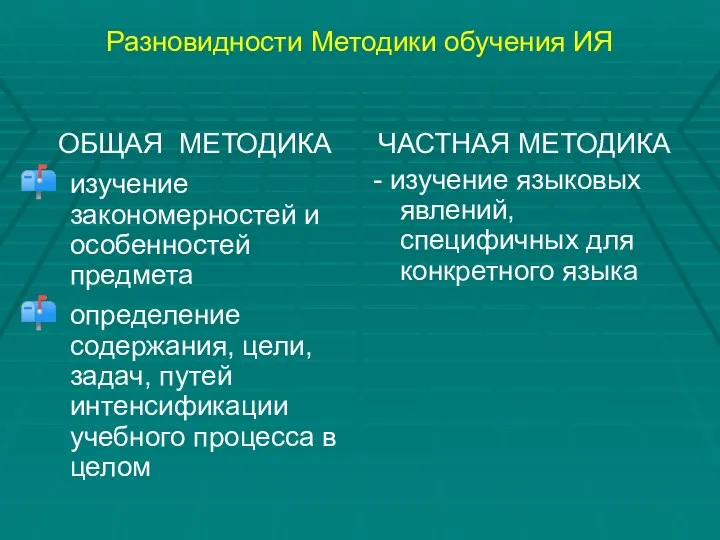 Разновидности Методики обучения ИЯ ОБЩАЯ МЕТОДИКА изучение закономерностей и особенностей