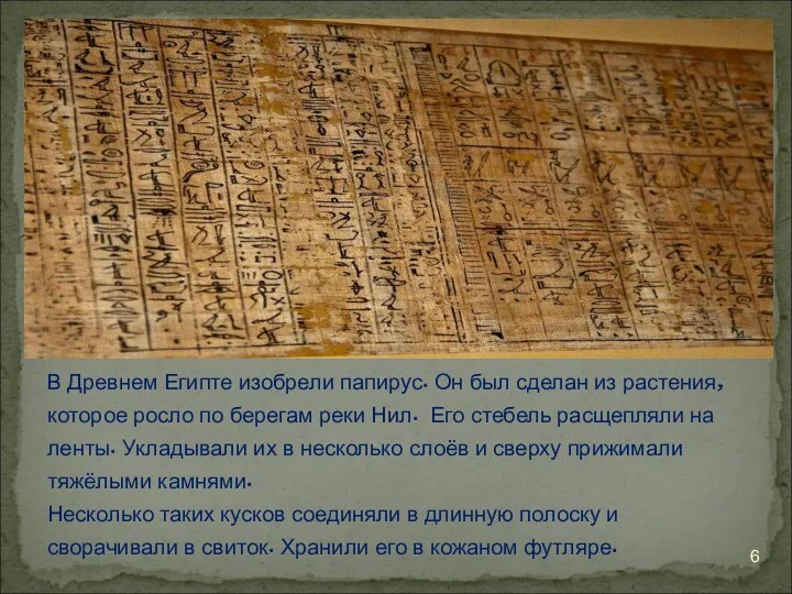 В Древнем Египте изобрели папирус. Он был сделан из растения,