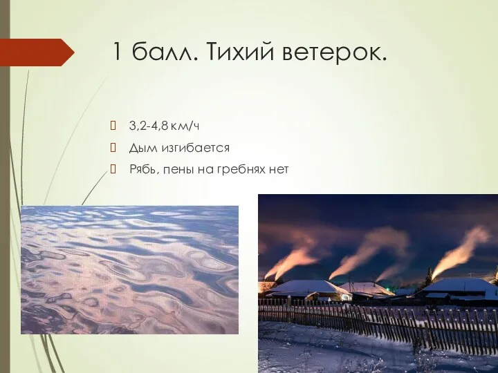 1 балл. Тихий ветерок. 3,2-4,8 км/ч Дым изгибается Рябь, пены на гребнях нет