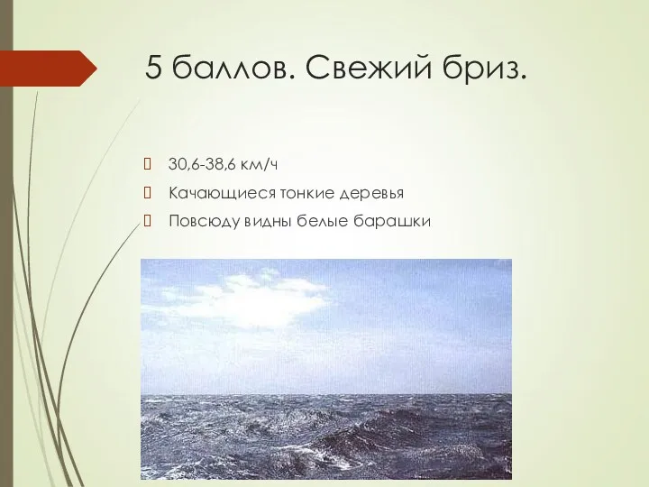 5 баллов. Свежий бриз. 30,6-38,6 км/ч Качающиеся тонкие деревья Повсюду видны белые барашки