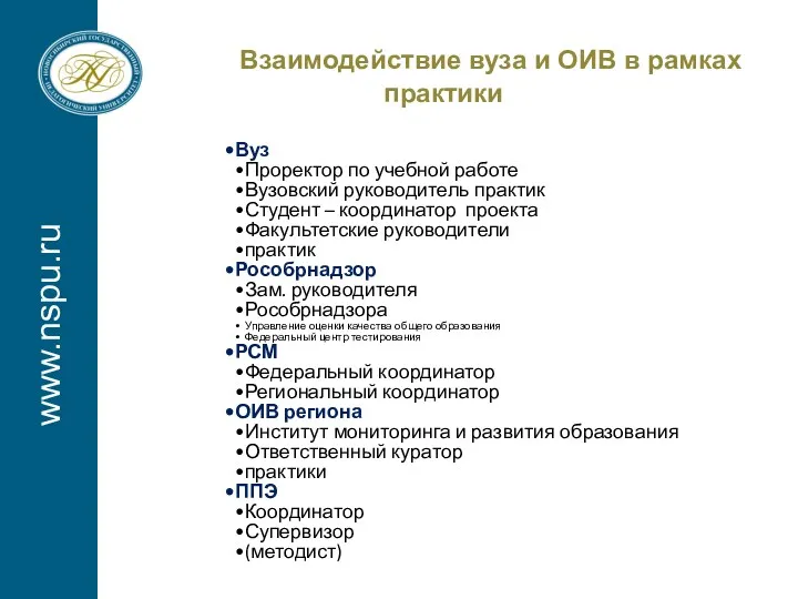 www.nspu.ru Взаимодействие вуза и ОИВ в рамках практики Вуз Проректор по учебной работе