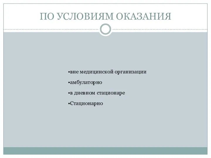 ПО УСЛОВИЯМ ОКАЗАНИЯ вне медицинской организации амбулаторно в дневном стационаре Стационарно