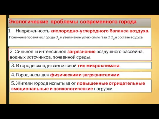 Экологические проблемы современного города Напряженность кислородно-углеродного баланса воздуха. Понижение уровня