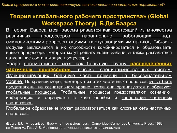 Теория «глобального рабочего пространства» (Global Workspace Theory) Б.Дж.Баарса В теории Баарса мозг рассматривается