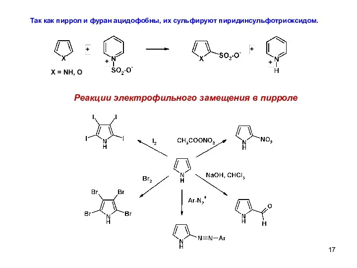 Так как пиррол и фуран ацидофобны, их сульфируют пиридинсульфотриоксидом. Реакции электрофильного замещения в пирроле