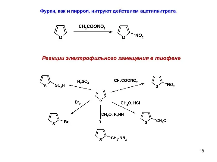 Фуран, как и пиррол, нитруют действием ацетилнитрата. Реакции электрофильного замещения в тиофене
