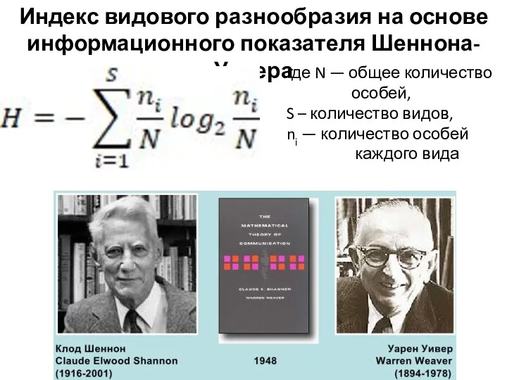 где N — общее количество особей, S – количество видов,