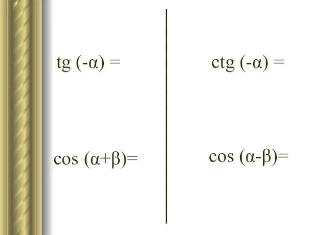 tg (-α) = ctg (-α) = cos (α+β)= cos (α-β)=