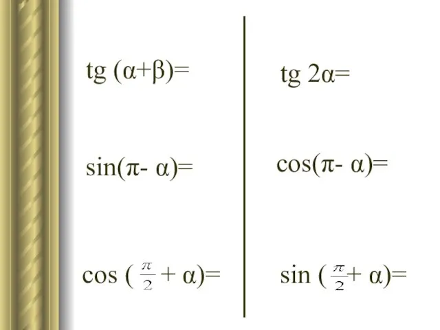 tg (α+β)= tg 2α= sin(π- α)= cos(π- α)= cos ( + α)= sin ( + α)=