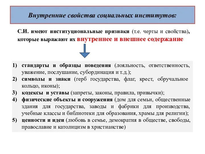 Внутренние свойства социальных институтов: С.И. имеют институциональные признаки (т.е. черты