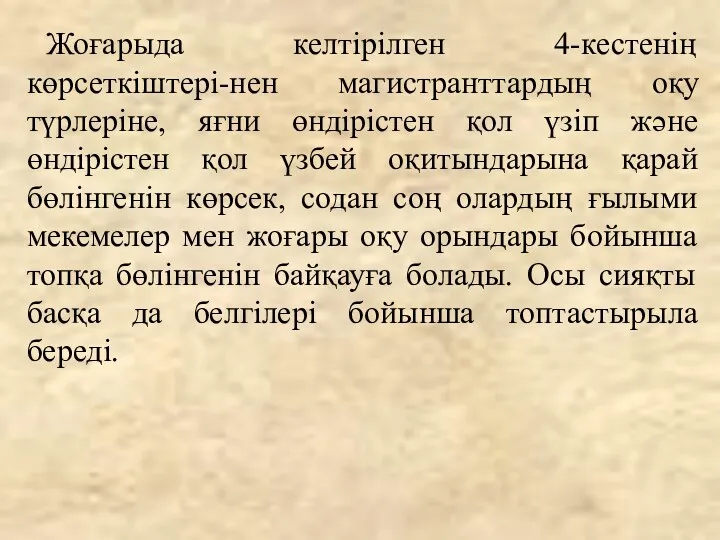 Жоғарыда келтірілген 4-кестенің көрсеткіштері-нен магистранттардың оқу түрлеріне, яғни өндірістен қол