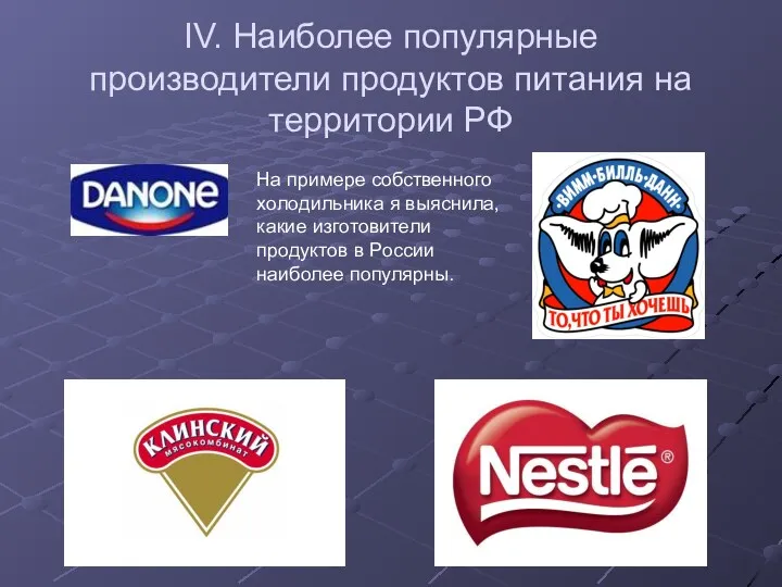 IV. Наиболее популярные производители продуктов питания на территории РФ На примере собственного холодильника