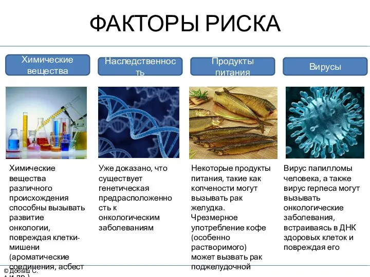 © Добыш С.А. ФАКТОРЫ РИСКА Вирусы Наследственность Химические вещества Продукты