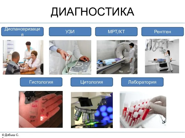 © Добыш С.А. ДИАГНОСТИКА Диспансеризация УЗИ Рентген МРТ/КТ Гистология Цитология Лаборатория