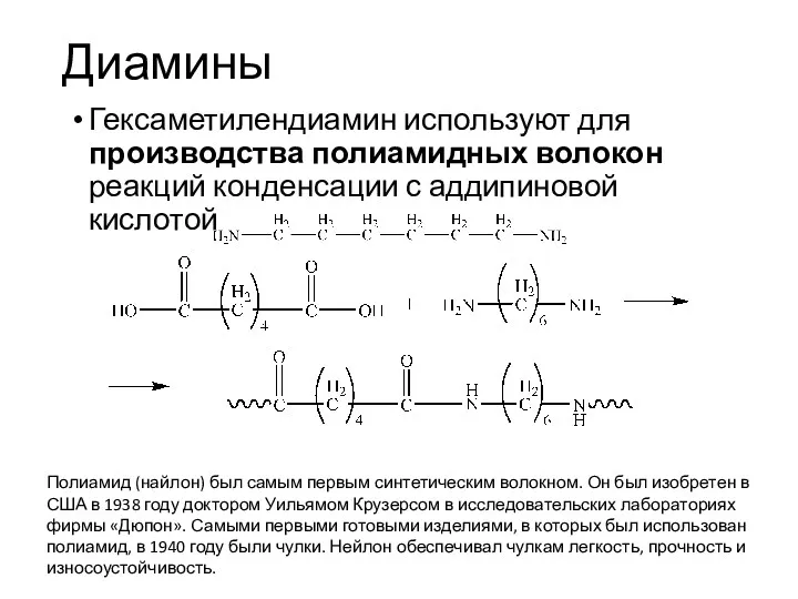 Диамины Гексаметилендиамин используют для производства полиамидных волокон реакций конденсации с