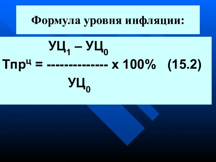 Формула уровня инфляции: УЦ1 – УЦ0 Тпрц = -------------- х 100% (15.2) УЦ0