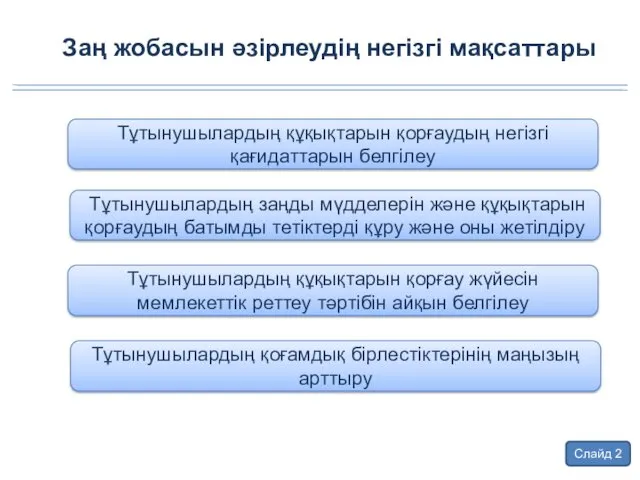 Заң жобасын әзірлеудің негізгі мақсаттары Тұтынушылардың заңды мүдделерін және құқықтарын