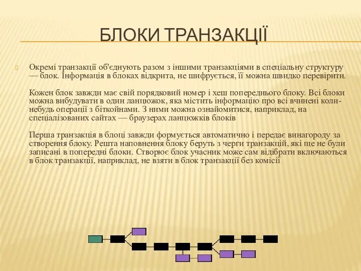 БЛОКИ ТРАНЗАКЦІЇ Окремі транзакції об'єднують разом з іншими транзакціями в