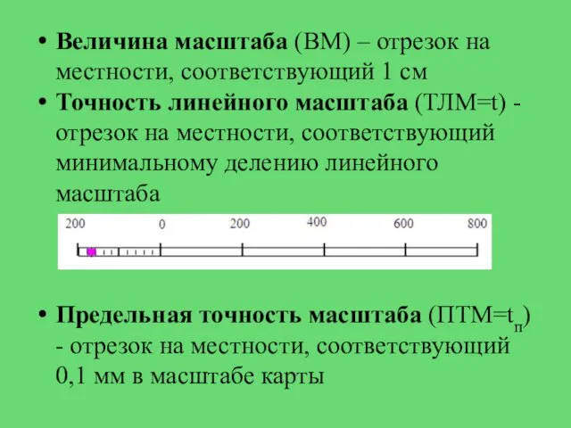 Величина масштаба (ВМ) – отрезок на местности, соответствующий 1 см Точность линейного масштаба