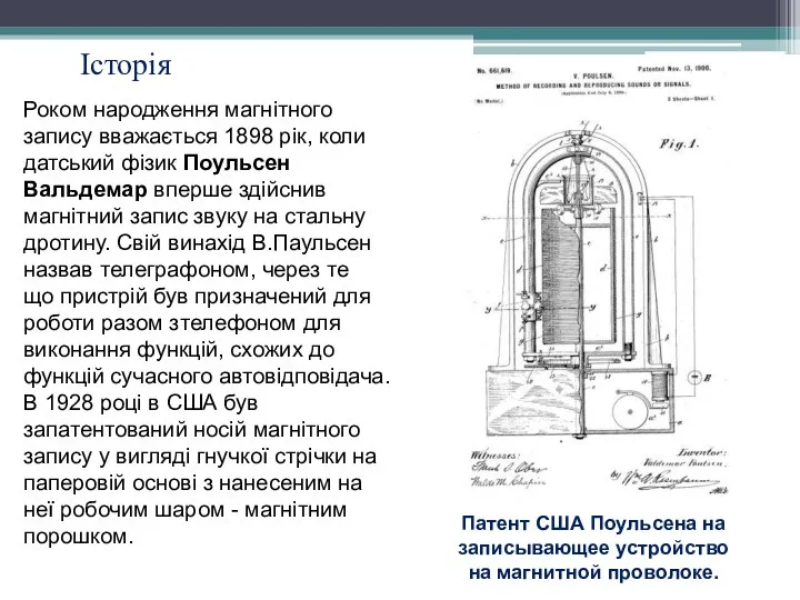 Історія Патент США Поульсена на записывающее устройство на магнитной проволоке.