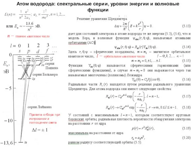 Атом водорода: спектральные серии, уровни энергии и волновые функции l