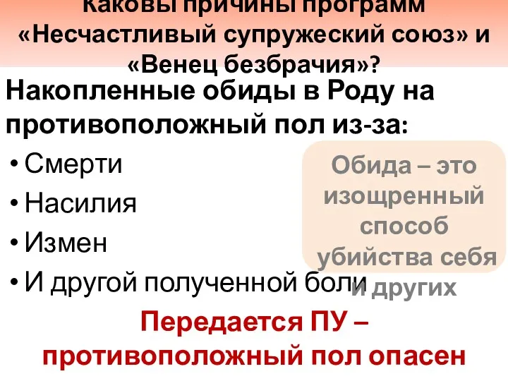 Каковы причины программ «Несчастливый супружеский союз» и «Венец безбрачия»? Накопленные