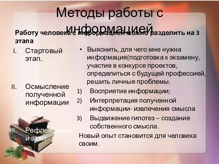 Методы работы с информацией Работу человека с информацией можно разделить