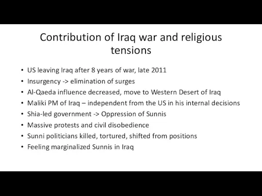 Contribution of Iraq war and religious tensions US leaving Iraq